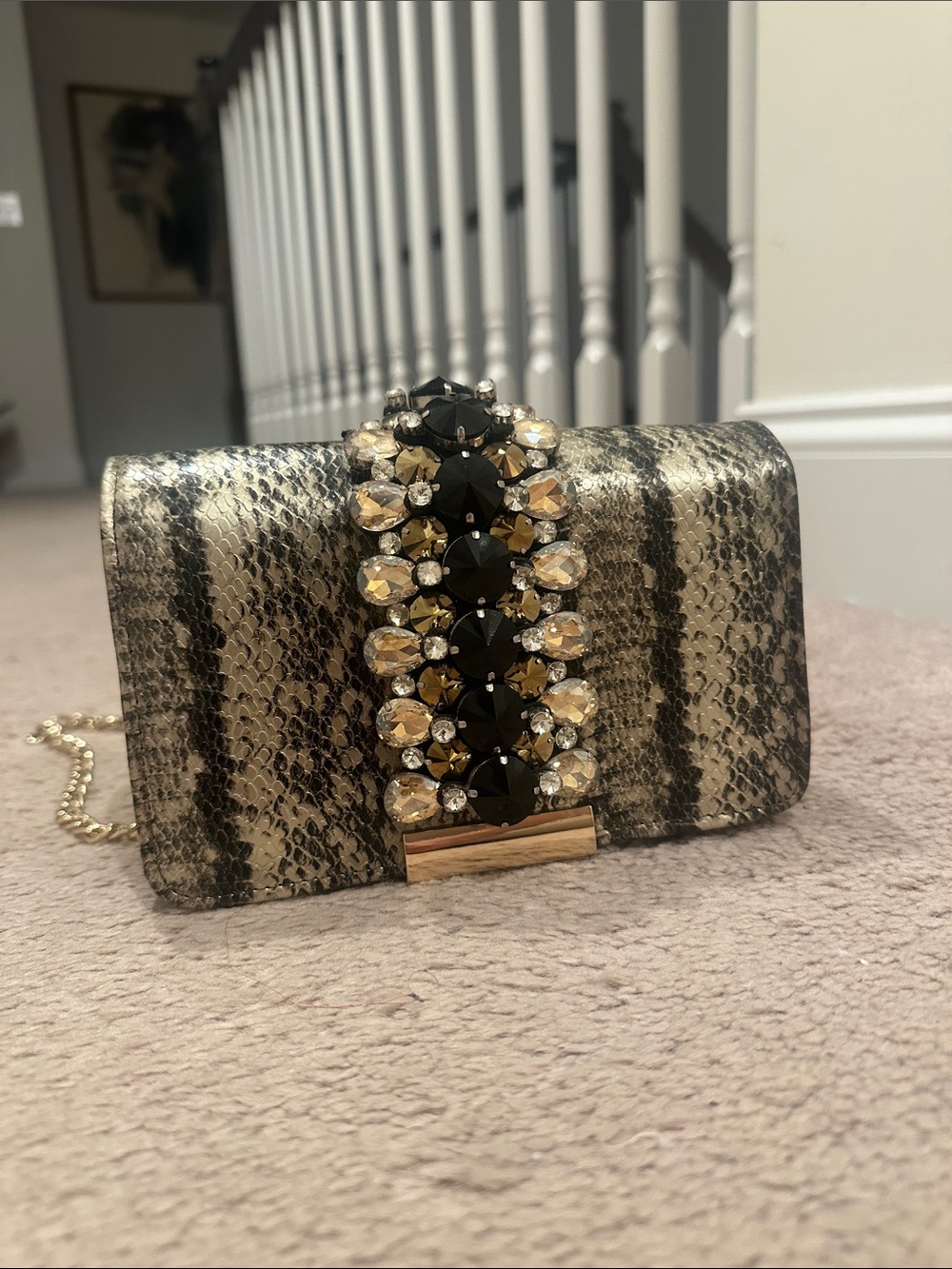 Embellished Snake-Print Evening Clutch in Black & Gold